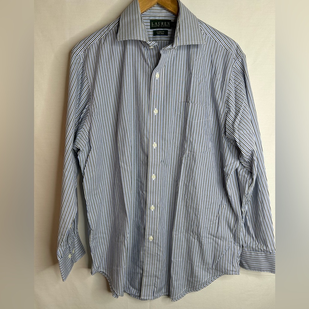 Lauren Ralph Lauren Men's Blue and White Striped Dress Shirt Size 16 32/33